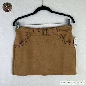 Kohesion Caramel Faux Suede Grommet Pocket & Belted Skirt - Medium